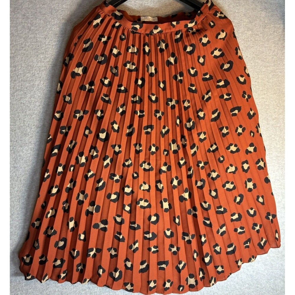 Tahari Pleated Skirt Sz 8 Leopard Print Orange Boho Preppy Whimsical Midi Retro